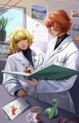 Rule 34 | 2girls, apex legends, binder, black sweater, blonde hair, blue eyes, book, cable, calendar (object), commentary, commission, cup, english commentary, facial scar, highres, holding, holding book, holding pen, horizon (apex legends), lab coat, looking down, mug, multiple girls, nessie (respawn), newton somers, notebook, noush, open mouth, pen, plant, prowler (titanfall), ribbed sweater, scar, scar on cheek, scar on face, second-party source, short hair, stuffed toy, sweater, voidwalker wraith, wattson (apex legends), wraith (apex legends), writing