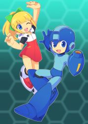 Rule 34 | 1boy, 1girl, android, arm cannon, arm up, blonde hair, blue eyes, blush, bow, capcom, dress, full body, green bow, hair bow, helmet, high ponytail, highres, hood, hood down, hooded dress, long hair, mega man (character), mega man (classic), mega man (series), mega man 11, omeehayo, one eye closed, open mouth, ponytail, red dress, roll (mega man), sidelocks, smile, weapon