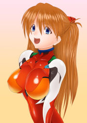Rule 34 | 1girl, adapted costume, alternate breast size, blue eyes, blush, bodysuit, breast press, breasts, evangelion: 3.0 you can (not) redo, hair ornament, large breasts, lips, long hair, looking at viewer, neon genesis evangelion, open mouth, pixiv1478062, plugsuit, rebuild of evangelion, red bodysuit, shiny clothes, shiny skin, skin tight, smile, solo, souryuu asuka langley, two side up, upper body, very long hair