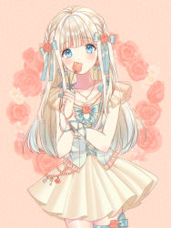 Rule 34 | 1girl, arms up, bead bracelet, beads, blonde hair, blue eyes, blue hair, blunt bangs, blush, bracelet, braid, charm (object), collarbone, commentary, corset, covering own mouth, cowboy shot, daisy, dress, drop earrings, earrings, floral background, flower, fork, gradient hair, hair ribbon, head tilt, holding, holding flower, jewelry, key, kompeitou (lemon garden), leg ribbon, long hair, looking at viewer, multicolored hair, necklace, original, own hands together, pink background, pink flower, pink rose, pleated skirt, polka dot, polka dot background, red flower, red rose, ribbon, rose, skirt, solo, standing, symbol-only commentary, thigh ribbon, very long hair, white dress, wrist ribbon