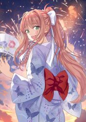 Rule 34 | 1girl, :d, animal print, blue kimono, blush, bow, brown hair, butterfly print, commentary, doki doki literature club, english text, evening, fireworks, from behind, gradient sky, green eyes, hair bow, hair over shoulder, hair ribbon, hand fan, holding, holding fan, huge bow, index finger raised, japanese clothes, kimono, long hair, long sleeves, looking at viewer, looking back, monika (doki doki literature club), nashifuji kurumi, obi, open mouth, orange sky, outdoors, paper fan, pink nails, pointing, pointing up, ponytail, print kimono, purple sky, red sash, ribbon, sash, sidelocks, sky, smile, solo, standing, sunset, teeth, upper teeth only, very long hair, white bow, white ribbon, wide sleeves, yukata