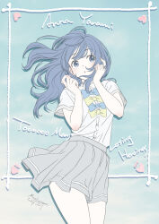 1girl :o blue_bow blue_eyes blue_hair blush bow collared_shirt contrapposto cowboy_shot dated dot_nose floating_hair grey_skirt hands_up inset_border legs_together long_hair looking_at_viewer make_heroine_ga_oo_sugiru! miniskirt morishima_noriko open_mouth pantyhose pleated_skirt school_uniform shirt shirt_tucked_in short_sleeves sidelocks signature skirt solo thighs white_pantyhose white_shirt yanami_anna yellow_bow