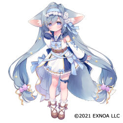 Rule 34 | 1girl, angelic link, animal ear fluff, animal ears, belt, belt buckle, blue bow, blue hairband, blue sailor collar, bow, brown belt, brown footwear, buckle, character request, closed mouth, collarbone, detached sleeves, dress, flower, frilled socks, frills, full body, grey eyes, grey hair, hair between eyes, hair flower, hair ornament, hair ribbon, hairband, long hair, long sleeves, looking at viewer, official art, puffy long sleeves, puffy sleeves, ribbon, rose, sailor collar, sailor dress, see-through, shoes, simple background, sleeveless, sleeveless dress, sleeves past wrists, socks, solo, standing, star (symbol), star hair ornament, tail, usashiro mani, very long hair, white background, white dress, white flower, white rose, white sleeves, white socks, yellow ribbon
