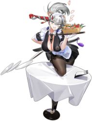Rule 34 | 1girl, alternate costume, apron, asymmetrical horns, azur lane, between breasts, black dress, black necktie, black pantyhose, braid, breasts, center opening, cleavage, dress, earrings, enmaided, fish, frilled apron, frills, gloves, grey eyes, hair between eyes, hakuryuu (azur lane), hakuryuu (slice dice and serve) (azur lane), highres, holding, holding tray, horns, izuru (timbermetal), jewelry, large breasts, long hair, looking at viewer, maid, mismatched horns, mole, mole on breast, necktie, necktie between breasts, official alternate costume, official art, on table, open mouth, pantyhose, plate, short dress, short sleeves, silver hair, solo, sword, sword behind back, table, transparent background, tray, very long hair, weapon, white apron, white gloves