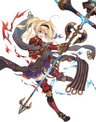 Rule 34 | 10s, 1girl, absurdres, armor, blonde hair, blue eyes, braid, granblue fantasy, hairband, highres, long hair, mugcup, open mouth, red armor, simple background, skirt, solo, staff, twintails, white background, zeta (granblue fantasy)