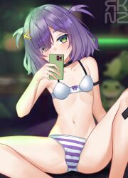 Rule 34 | 1girl, blurry, blurry background, blush, blush stickers, bow, bra, breasts, commission, eien project, eyes visible through hair, frog, green eyes, highres, knee up, knees up, looking at viewer, panties, purple hair, purple panties, ribbon, rikokenz, short hair, simple background, small breasts, striped clothes, striped panties, thighs, underwear, underwear only, virtual youtuber, watermark, white bra, white panties, zumi dokumi