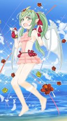 Rule 34 | 1girl, bare shoulders, barefoot, blue sky, cloud, day, dragon wings, fire emblem, fire emblem: mystery of the emblem, fire emblem heroes, flower, green eyes, green hair, hair ribbon, long hair, nintendo, open mouth, pink one-piece swimsuit, pointy ears, ponytail, red ribbon, ribbon, sasakimuu, sky, solo, swimsuit, tiara, tiki (fire emblem), tiki (young) (fire emblem), water, wings