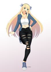 Rule 34 | 1girl, artist name, black pants, blonde hair, blush, breasts, casual, cleavage, collarbone, commission, cross-laced footwear, denim, denim jacket, fingernails, gradient background, green eyes, grey background, groin, hair ribbon, hand on own hip, highres, jacket, jeans, katsuragi (senran kagura), large breasts, long hair, midriff, navel, open clothes, open jacket, open mouth, pants, ribbon, rozack, senran kagura, senran kagura shoujo-tachi no shin&#039;ei, shiny skin, shoes, signature, smile, sneakers, solo, standing, standing on one leg, strapless, teeth, thighs, tongue, torn clothes, torn jeans, torn pants, tube top, upper teeth only, very long hair, white background, white tube top