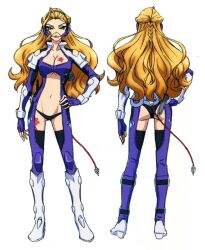 Rule 34 | 1girl, ass, blonde hair, blue eyes, breasts, cleavage, closed mouth, cross ange, earrings, full body, hand on own hip, highres, jewelry, large breasts, long hair, looking at viewer, multiple views, navel, official art, pilot suit, simple background, smile, tattoo, white background, zola axberg