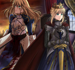 Rule 34 | armor, artoria pendragon (fate), blonde hair, blood, braid, cape, cloud, crown, crying, dress, empty eyes, fate/stay night, fate (series), gauntlets, green eyes, hair down, highres, looking up, multiple persona, saber (fate), sheath, sky, sword, tears, tusia, type-moon, weapon, window