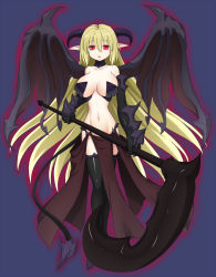 Rule 34 | 1girl, asamura hiori, blonde hair, breasts, demon girl, gauntlets, highres, horns, large breasts, long hair, navel, open mouth, original, pointy ears, red eyes, revealing clothes, scythe, solo, demon girl, tail, very long hair, wings