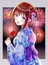 Rule 34 | 1girl, :d, aerial fireworks, back bow, bad id, bad pixiv id, blue kimono, blush, bow, brown hair, candy apple, commentary request, fireworks, floral print, food, funii, hair bun, hair ornament, highres, holding, holding food, japanese clothes, kimono, long sleeves, looking at viewer, looking to the side, open mouth, original, print kimono, purple bow, purple eyes, sidelocks, single hair bun, sleeves past wrists, smile, upper body, wide sleeves, yukata