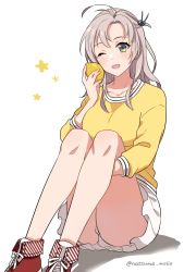 Rule 34 | alternate costume, food, fruit, green eyes, grey hair, highres, kantai collection, kinugasa (kancolle), kinugasa kai ni (kancolle), lemon, natsume (natsume melio), one-hour drawing challenge, one side up, shoes, simple background, sitting, skirt, sneakers, solo, sweater, twitter username, white background, white skirt, yellow sweater