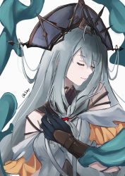 Rule 34 | 1girl, absurdres, arknights, bare shoulders, black gloves, closed eyes, closed mouth, detached collar, dress, front ponytail, gloves, grey dress, grey hat, hand on own chest, hat, highres, long hair, off-shoulder dress, off shoulder, official alternate costume, saltyz, shawl, silver hair, simple background, skadi (arknights), skadi the corrupting heart (arknights), skadi the corrupting heart (sublimation) (arknights), solo, twitter username, upper body, very long hair, white background