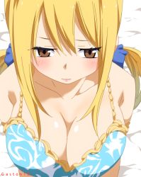 Rule 34 | 1girl, artist name, blonde hair, blush, bra, breasts, brown eyes, cleavage, closed mouth, collarbone, embarrassed, fairy tail, gaston18, hair between eyes, hair ornament, hair tie, half-closed eyes, large breasts, long hair, looking down, lucy heartfilia, ribbon, shiny skin, shy, solo, twintails, underwear, upper body