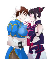 Rule 34 | 2girls, bad id, bad pixiv id, black hair, breast press, breasts, brown hair, bun cover, capcom, china dress, chinese clothes, chun-li, cone hair bun, double bun, dress, drill hair, dudou, evil grin, evil smile, fingerless gloves, gloves, glowing, glowing eye, glowing eyes, grin, hair bun, halterneck, halterneck, han juri, holding hands, jewelry, large breasts, multiple girls, pantyhose, pelvic curtain, sasaki (sid328), smile, street fighter, street fighter iv (series), symmetrical docking, twin drills