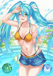 Rule 34 | 1girl, ;d, ball, bare arms, bare shoulders, beachball, bead bracelet, beads, bikini, bikini under clothes, blue eyes, blue hair, blush, bracelet, breasts, collarbone, commentary request, cowboy shot, day, denim, denim shorts, flower, food, fruit, groin, hair between eyes, hair ribbon, halterneck, hand up, hatsune miku, highres, holding, holding hose, hose, hydrangea, inue ao, jewelry, long hair, looking at viewer, lower teeth only, lowleg, lowleg shorts, medium breasts, navel, one eye closed, open mouth, revision, ribbon, short shorts, shorts, sidelocks, smile, solo, sparkle, spraying, standing, string bikini, swimsuit, teeth, twintails, very long hair, vocaloid, wading, wading pool, water, watermelon, white ribbon, yellow bikini