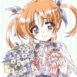 Rule 34 | 1girl, artist name, badge, black ribbon, black skirt, blue eyes, bouquet, brown hair, closed mouth, commentary request, english text, flower, frilled shirt, frills, green background, hair ribbon, happy birthday, highres, holding, holding bouquet, kuroi mimei, long sleeves, looking at viewer, lyrical nanoha, mahou shoujo lyrical nanoha, ribbon, shirt, short hair, short twintails, signature, sketch, skirt, smile, solo, striped, striped background, suspender skirt, suspenders, takamachi nanoha, twintails, upper body, vertical stripes, white shirt
