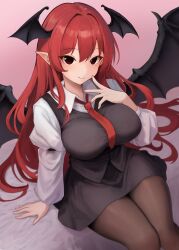 Rule 34 | 1girl, absurdres, armband, bat wings, black armband, black pantyhose, black skirt, black vest, black wings, blurry, breasts, closed mouth, collared shirt, commentary request, depth of field, dot nose, feet out of frame, from above, head wings, highres, knees together feet apart, koakuma, large breasts, long hair, long sleeves, looking at viewer, moriforest1040, multiple wings, necktie, pantyhose, pointy ears, red eyes, red hair, red necktie, shirt, sitting, skirt, skirt set, smile, solo, touhou, very long hair, vest, white shirt, wings