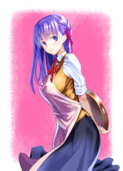Rule 34 | 1girl, apron, arms behind back, blush, breasts, coffee cat, fate/stay night, fate (series), from side, hair ribbon, homurahara academy school uniform, large breasts, long hair, looking at viewer, matou sakura, purple eyes, purple hair, ribbon, school uniform, smile, solo, tray