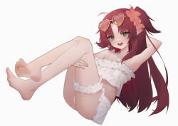 Rule 34 | 1girl, absurdres, arknights, barefoot, eyewear on head, feet, green eyes, hair ornament, highres, jewelry, long hair, looking at viewer, myrtle (arknights), necklace, open mouth, pointy ears, porridge for lunch, red hair, soles, sunglasses, toes