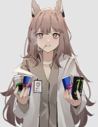 Rule 34 | 1girl, absurdres, animal ears, bags under eyes, brand name imitation, brown eyes, brown hair, brown shirt, cat ears, cigarette, coffee cup, cup, disposable cup, drink, energy drink, gar32, girls&#039; frontline, highres, holding, holding drink, id card, jacket, long sleeves, monster energy, persica (girls&#039; frontline), product placement, profanity, red bull, shirt, smoking, solo, starbucks, white background, white jacket