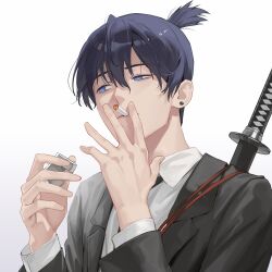 Rule 34 | 1boy, absurdres, black hair, black jacket, black necktie, blue eyes, chainsaw man, cigarette, collared shirt, commentary, earrings, formal, gmirror1, hand focus, hayakawa aki, highres, holding, holding cigarette, jacket, jewelry, katana, long sleeves, looking afar, male focus, necktie, portrait, shirt, short hair, simple background, smoking, solo, stud earrings, sword, topknot, weapon, weapon on back, white background, white shirt