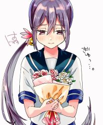 Rule 34 | 1girl, akebono (kancolle), artist logo, bell, blue sailor collar, bouquet, commentary request, flower, hair bell, hair flower, hair ornament, hatu xxgoukan, jingle bell, kantai collection, long hair, looking down, purple eyes, purple hair, rose, sailor collar, school uniform, serafuku, short sleeves, side ponytail, simple background, smile, solo, translation request, upper body, very long hair, white background