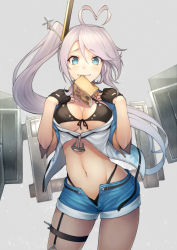 Rule 34 | 1girl, ahoge, anchor, azur lane, bikini, bikini under clothes, black bikini, black gloves, blue eyes, blue shorts, blush, book, breasts, cleavage, closed mouth, contrapposto, cowboy shot, fingerless gloves, from side, front-tie bikini top, front-tie top, gloves, grey background, hands on own shoulders, hands up, headgear, heart, heart-shaped pupils, heart ahoge, kyoeiki, long hair, looking at viewer, machinery, medium breasts, mouth hold, navel, open book, open clothes, open fly, open shirt, portland (azur lane), shirt, short shorts, short sleeves, shorts, silver hair, simple background, smile, solo, standing, swept bangs, swimsuit, symbol-shaped pupils, thigh strap, underboob, very long hair, white shirt