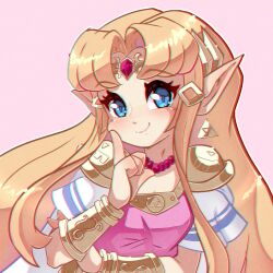 Rule 34 | 1girl, armor, blonde hair, blue eyes, blunt bangs, blush, bracer, breasts, circlet, dot nose, dress, elf, finger to cheek, floating hair, forehead jewel, gem, hair ornament, hairclip, hand on own elbow, highres, jewelry, light blush, long hair, looking at viewer, medium bangs, medium breasts, necklace, nin10ja, nintendo, parted bangs, pink background, pink tabard, pink theme, pointy ears, princess, princess zelda, red gemstone, short sleeves, shoulder armor, shoulder pads, sidelocks, simple background, smile, solo, striped sleeves, tabard, the legend of zelda, the legend of zelda: a link between worlds, triforce, triforce earrings, upper body, white dress, wide sleeves