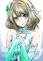 Rule 34 | 10s, 1girl, aqua eyes, bare shoulders, blush, collarbone, detached sleeves, dress, feathers, flower, green dress, green eyes, hair flower, hair ornament, hands on own chest, head tilt, heterochromia, idol, idolmaster, idolmaster cinderella girls, idolmaster cinderella girls starlight stage, mole, mole under eye, own hands together, sleeves past wrists, smile, solo, takagaki kaede, tsukikage oyama, upper body, white feathers
