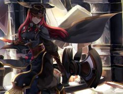 Rule 34 | 1girl, akilico, alternate color, blazblue, cape, hair tubes, hat, pants, red eyes, red hair, shield, sidelocks, solo, sword, third eye, tsubaki yayoi, uniform, weapon, winged hat