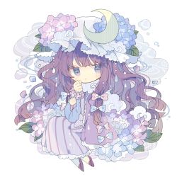 Rule 34 | 1girl, blue bow, blue flower, blush, bow, bracelet, chibi, closed mouth, crescent, crescent hat ornament, double bun, dress, flower, hair bow, hair bun, hand up, hat, hat flower, hat ornament, highres, jewelry, leaf, long hair, long sleeves, looking to the side, mob cap, nikorashi-ka, open clothes, open vest, pantyhose, patchouli knowledge, petals, pink bow, pink flower, purple background, purple bow, purple dress, purple eyes, purple flower, purple footwear, purple hair, purple vest, shoes, sitting, solo, striped clothes, striped dress, touhou, very long hair, vest, weapon, white hat, white pantyhose