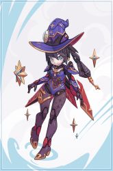 Rule 34 | 1girl, android, arms at sides, black hair, blue eyes, commentary, english commentary, full body, genshin impact, hat, high heels, highres, joints, lordyanyu, mechanization, mona (genshin impact), robot joints, smile, solo, star (symbol), star print, two-tone background, witch hat