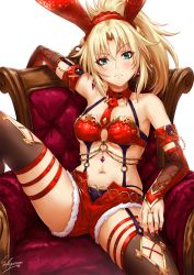 Rule 34 | 1girl, animal ears, arm rest, bandeau, blonde hair, breasts, bridal gauntlets, chain, chair, collarbone, commentary request, detached collar, detached sleeves, earrings, fake animal ears, fate/grand order, fate (series), garter straps, gem, gold, gold trim, green eyes, hair ornament, highres, jewelry, knee up, long hair, looking at viewer, mordred (fate), mordred (fate/apocrypha), nail polish, navel, necktie, o-ring, o-ring top, open fly, parted bangs, ponytail, rabbit ears, red gemstone, red nails, red necktie, red shorts, red thighhighs, sakiyamama, short shorts, shorts, sidelocks, signature, simple background, skindentation, sleeve cuffs, small breasts, solo, spread legs, stomach, thigh strap, thighhighs, white background