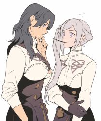 Rule 34 | 2girls, alternate costume, alternate hairstyle, black gloves, black hair, blue eyes, blush, breasts, byleth (female) (fire emblem), byleth (fire emblem), cowboy shot, edelgard von hresvelg, embarrassed, face-to-face, fire emblem, fire emblem: three houses, food, garreg mach monastery uniform, gloves, hand on own chin, long hair, long sleeves, looking at another, medium breasts, mouth hold, multiple girls, neckerchief, nintendo, pocky, pocky day, pocky kiss, profile, purple eyes, radiostarkiller, shared food, shirt, shoulder strap, side ponytail, silver hair, simple background, skirt, sleeves rolled up, sweatdrop, turtleneck, white background, yuri