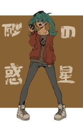 Rule 34 | 1girl, :o, ambiguous gender, apple, boots, brown background, brown jacket, copyright name, curly hair, denim, earrings, eating, eyewear on head, food, fruit, goggles, green eyes, green hair, hatsune miku, holding, holding food, holding fruit, jacket, jeans, jewelry, legs apart, long hair, long sleeves, looking at viewer, medium hair, nail polish, open mouth, pants, red jacket, shoelaces, shoes, sneakers, standing, suna no wakusei (vocaloid), sunglasses, thighhighs, twintails, vocaloid, white footwear, yuama (artist)
