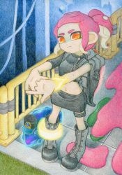 Rule 34 | 1girl, agent 8 (splatoon), anklet, backpack, bad id, bad pixiv id, bag, black footwear, black headwear, black shirt, black skirt, boots, bracelet, breasts, c.q. cumber (splatoon), closed mouth, cracking knuckles, crop top, female focus, fence, glowing, grass, hair tie, hat, head tilt, highres, ink, interlocked fingers, jewelry, legs apart, midriff, miniskirt, navel, nintendo, octoling, octoling girl, octoling player character, orange eyes, outstretched arms, own hands together, pencil skirt, pigeon-toed, pink hair, ponytail, shirt, short hair, short sleeves, sidelocks, single sleeve, sirokoucha, skirt, small breasts, solo focus, splatoon (series), splatoon 2, splatoon 2: octo expansion, splatter, stomach, stretching, suction cups, tentacle hair, tentacles, thigh strap, traditional media, wide hips, zipper, zipper pull tab