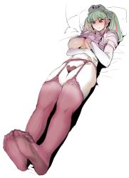 Rule 34 | 1girl, bow (bhp), breasts, closed mouth, elbow gloves, full body, garter belt, gloves, green hair, hand under clothes, hand under shirt, hat, heart maebari, large breasts, legs together, long hair, lying, maebari, multicolored hair, no shoes, nurse cap, on back, original, pale skin, perspective, pillow, pink shirt, pointy ears, puffy short sleeves, puffy sleeves, red eyes, red hair, red thighhighs, grabbing own breast, shirt, short sleeves, soles, solo, streaked hair, thighhighs, twintails, white background, white gloves