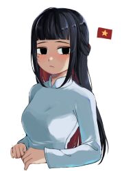 Rule 34 | 1girl, black eyes, blunt bangs, blush, closed mouth, commentary request, dress, highres, kuroussa, long hair, looking at viewer, mole, mole under eye, original, personification, simple background, solo, upper body, vietnam (kuroussa), vietnamese dress, vietnamese flag, white background, white dress