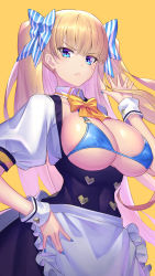 Rule 34 | 1girl, bikini, bikini top only, blonde hair, blue bikini, blue nails, borrowed character, bow, buttons, commentary request, dress, frown, heart button, highres, lina (michihasu), long hair, looking at viewer, maid, multicolored eyes, multicolored nails, nail polish, original, puffy short sleeves, puffy sleeves, ribbon, serious, short sleeves, simple background, solo, striped bow, striped ribbon, swimsuit, takamine nadare, vertical-striped bow, very long hair, yellow background