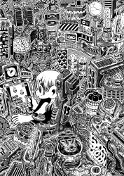 Rule 34 | 15ooo, 1girl, absurdres, black dress, brain, chair, controller, dress, game controller, greyscale, highres, holding, holding controller, holding game controller, joystick, machine, monitor, monochrome, open mouth, original, playing games, science fiction, solo, video game