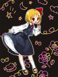 Rule 34 | 1girl, bad id, bad pixiv id, blonde hair, embodiment of scarlet devil, female focus, hair ribbon, marker, mary janes, microphone, mitsubachi koucha, red eyes, ribbon, rumia, shoes, short hair, solo, touhou
