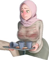 Rule 34 | bra, breasts, cleavage, hijab, holding, holding tray, komikus fasik, large breasts, see-through, see-through cleavage, see-through shirt, shirt, simple background, surprised, transparent background, tray, underwear, wet, wet clothes, wet shirt