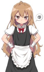 Rule 34 | 1girl, absurdres, ahoge, aisaka taiga, alternate costume, apron, black dress, blush, brown eyes, brown hair, closed mouth, commentary, cowboy shot, dress, enmaided, frilled apron, frills, hands on own hips, highres, long hair, looking at viewer, maid, mooramango, pout, puffy short sleeves, puffy sleeves, short sleeves, simple background, solo, spoken squiggle, squiggle, standing, toradora!, v-shaped eyebrows, very long hair, waist apron, white apron, white background
