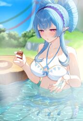 1girl bare_shoulders bikini blue_hair blue_sky blush breasts collarbone commentary_request cosplay cup day genshin_impact hairband halterneck highres holding holding_cup large_breasts looking_down lumine_(genshin_impact) lumine_(genshin_impact)_(cosplay) lumine_(hot_springs)_(genshin_impact) open_mouth outdoors partially_submerged pointy_ears purple_eyes purple_hairband sky solo swimsuit syandega white_bikini yumemizuki_mizuki