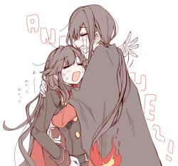 Rule 34 | 1boy, 1girl, black cape, brother and sister, cape, closed eyes, crying, fate/grand order, fate (series), fiery hair, gloves, highres, hug, long hair, long sleeves, low ponytail, oda nobukatsu (fate), oda nobunaga (fate), open mouth, ponytail, red cape, siblings, simple background, streaming tears, sweat, tears, trap, very long hair, white background, yui (tamagohan)