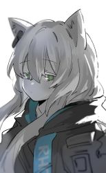 Rule 34 | 1girl, animal ears, arknights, bad id, bad pixiv id, black jacket, cat ears, clothes writing, commentary, earpiece, expressionless, green eyes, grey hair, hair between eyes, highres, jacket, long hair, looking at viewer, muted color, retri, rosmontis (arknights), sidelocks, simple background, solo, upper body, white background