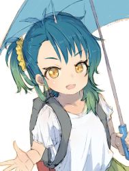Rule 34 | 1girl, alchera, backpack, bag, blouse, blue hair, blue umbrella, brown eyes, casual, commentary request, cowboy shot, fangs, fukae (kancolle), gradient hair, green skirt, kantai collection, looking at viewer, multicolored hair, one-hour drawing challenge, open mouth, pleated skirt, shirt, short hair, side ponytail, sidelocks, simple background, skirt, smile, solo, tsurime, umbrella, white background, white shirt