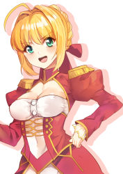 Rule 34 | 10s, 1girl, ahoge, blonde hair, blush, braid, breasts, cleavage, dress, epaulettes, fate/extra, fate (series), green eyes, hair ribbon, hand on own hip, nero claudius (fate), nero claudius (fate), nero claudius (fate/extra), open mouth, red dress, red ribbon, ribbon, shovelwall, shovelwell, simple background, smile, solo